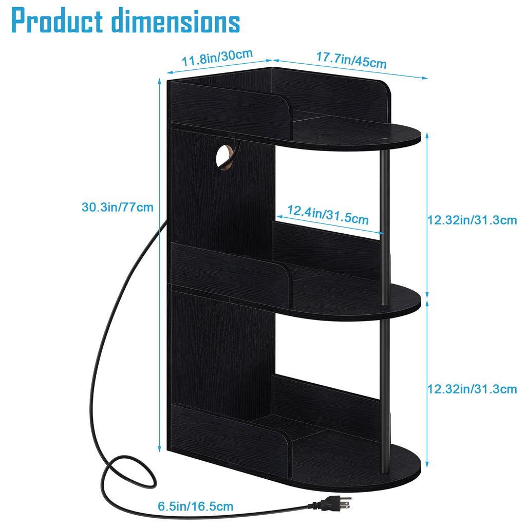 3-Tier Rolling C-Shaped End Table with Charging Station - Narrow Nightstand with USB Ports & Outlets,