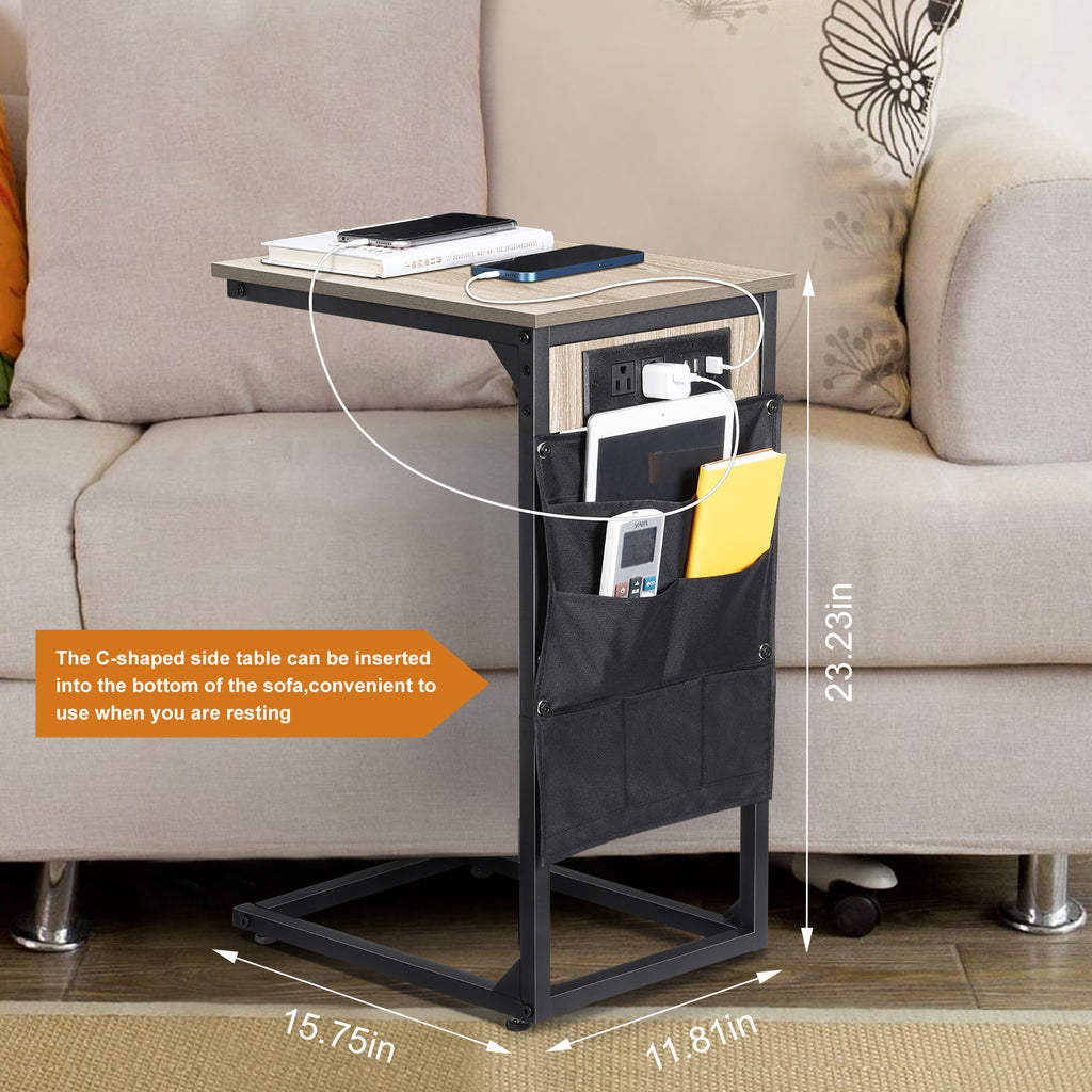 Set of 2 C-Shaped End Tables with Charging Station, Oak Side Tables for Couch & Sofa, Mobile Snack Tables for Bedroom,