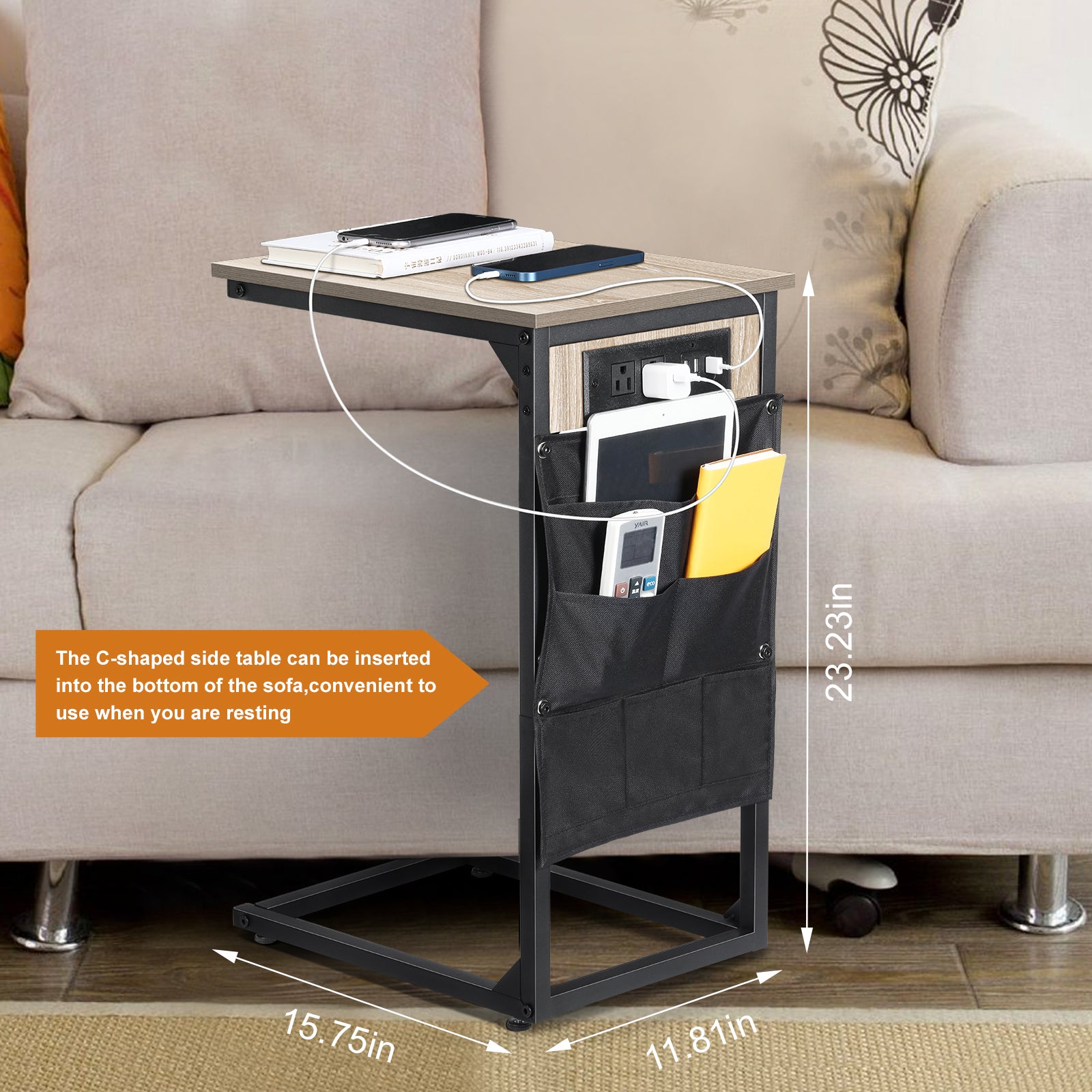 Set of 2 C-Shaped End Tables with Charging Station, Oak Side Tables for Couch & Sofa, Mobile Snack Tables for Bedroom,
