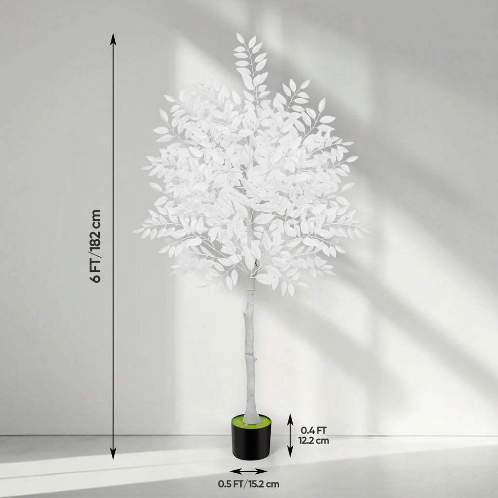 6ft Artificial Ficus Tree with White Silk Leaves, Tall Unique White Faux Plant in Pot for Modern Wedding & Home Office Decor