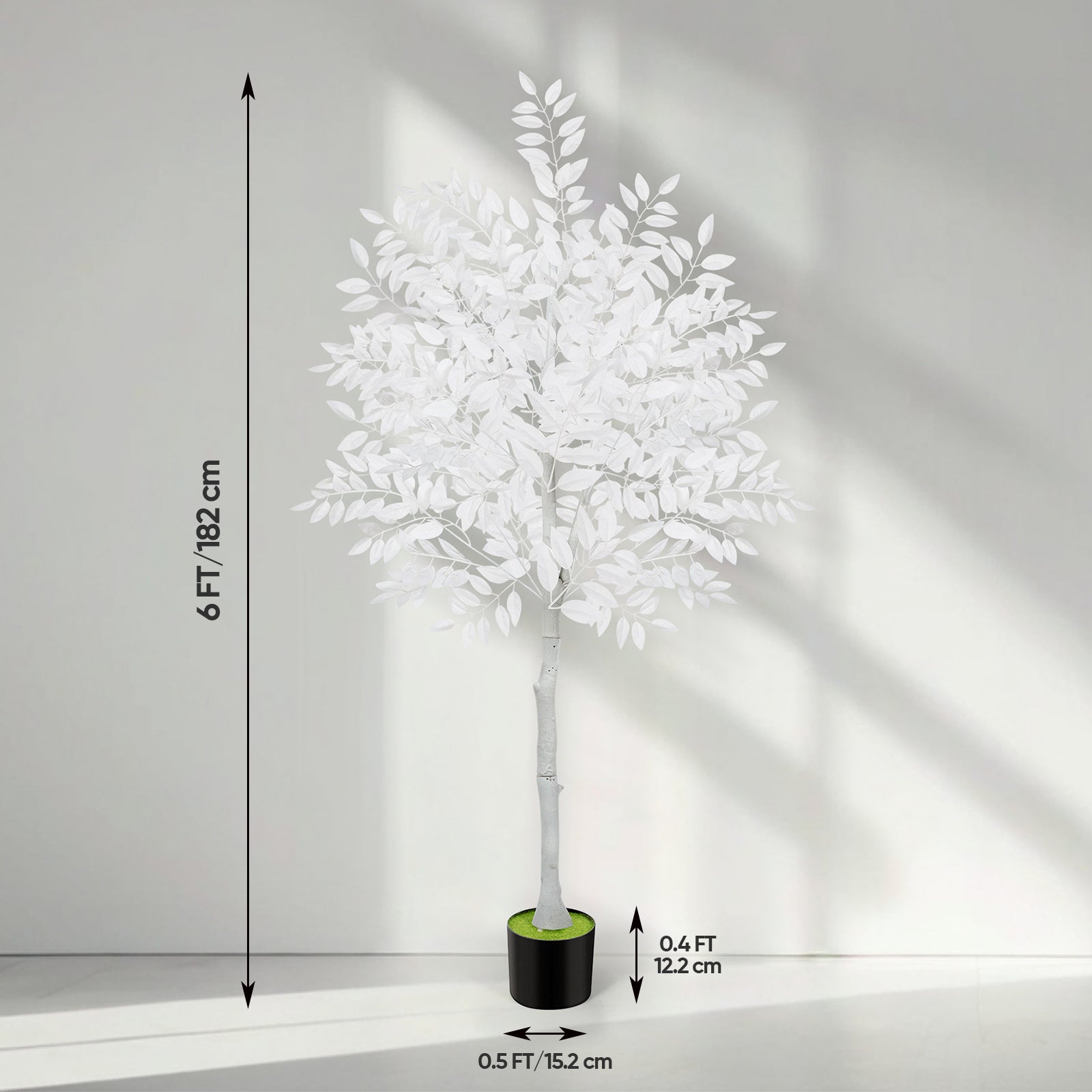 6ft Artificial Ficus Tree with White Silk Leaves, Tall Unique White Faux Plant in Pot for Modern Wedding & Home Office Decor
