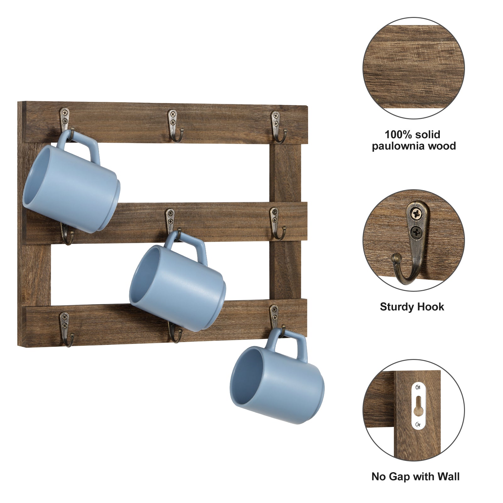Three Tier Wall Mounted Coffee Cup Holder (Set of Two), Coffee Cup Holder with 9 Hooks, Display Organizer for Coffee Cups, Mugs and Key Storage