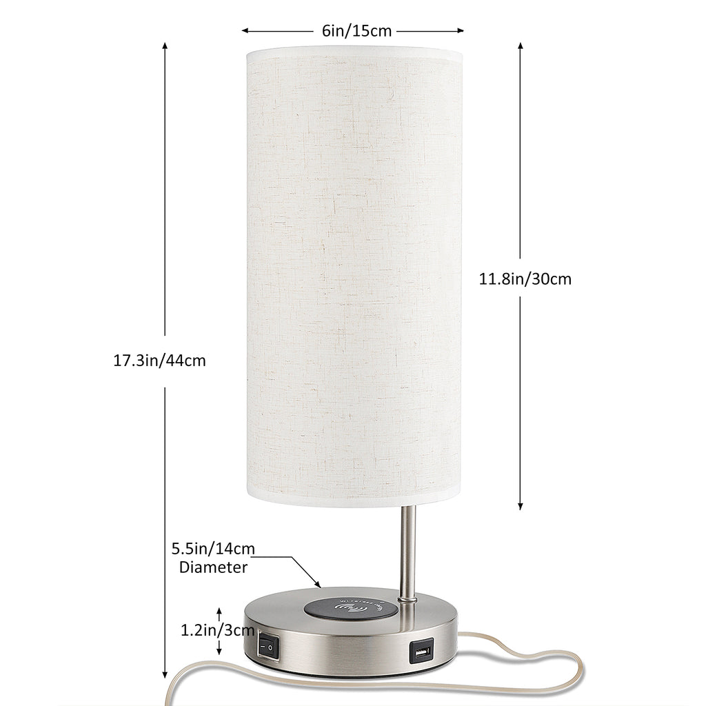 Satin Nickel Nightstand Light with Integrated Wireless Charging Pad and USB Port, Round Linen Fabric Shade Desk Lamp for Bedroom, Living Room, or Home Office