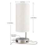 Satin Nickel Nightstand Light with Integrated Wireless Charging Pad and USB Port, Round Linen Fabric Shade Desk Lamp for Bedroom, Living Room, or Home Office