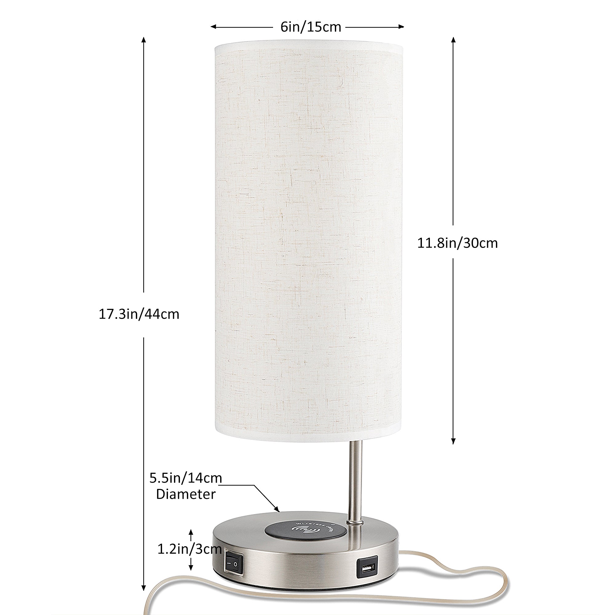 Satin Nickel Nightstand Light with Integrated Wireless Charging Pad and USB Port, Round Linen Fabric Shade Desk Lamp for Bedroom, Living Room, or Home Office