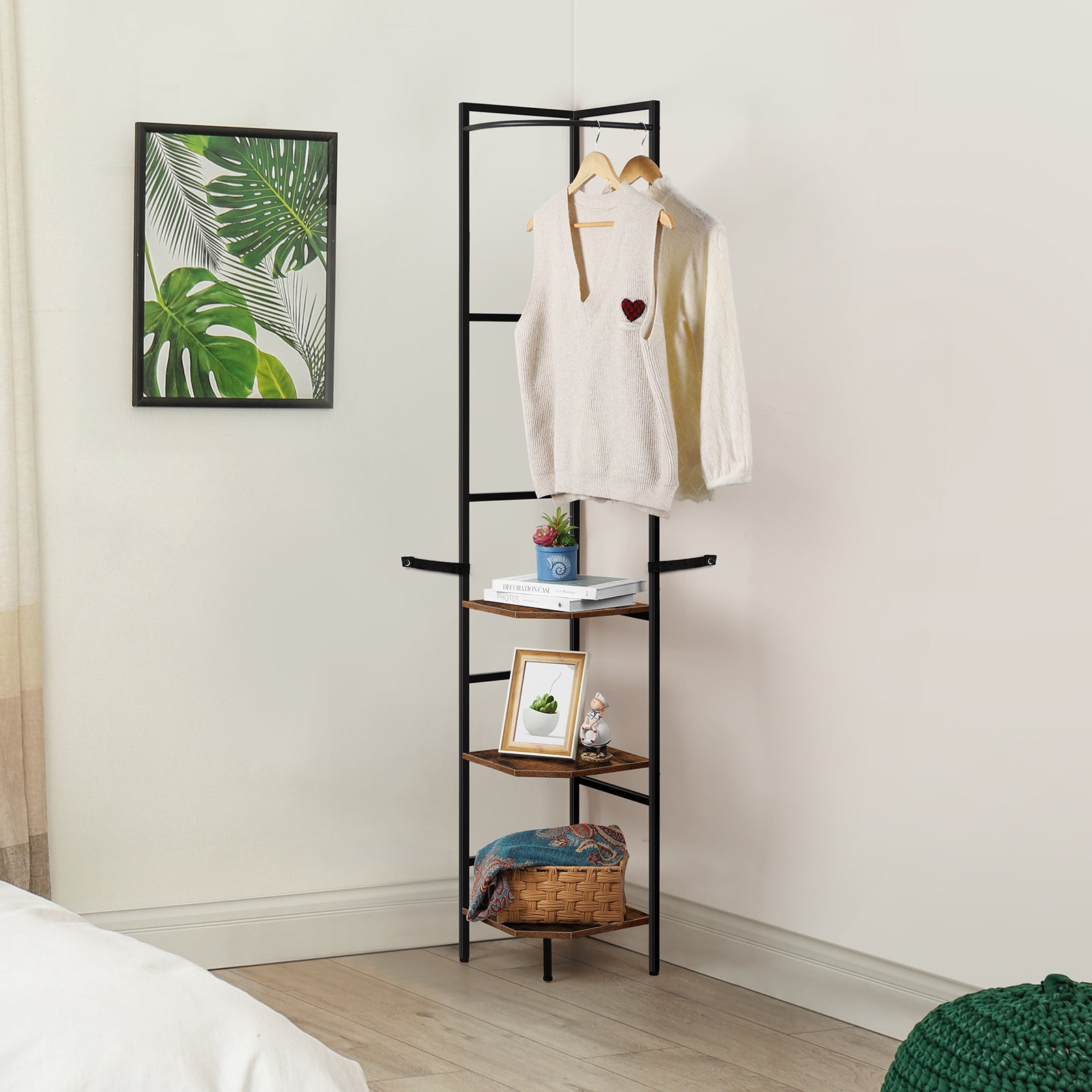 70.8 Inch Rustic Brown Tall Corner Unit with 3-Tier Shelving and Integrated Coat Rack for Versatile Small Space Storage in Living Rooms or Offices