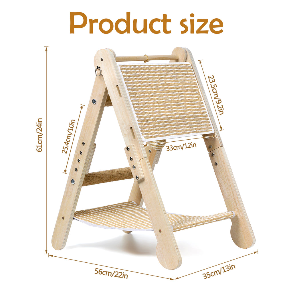 Wooden Cat Scratcher Hammock with Sisal Pad, 2-in-1 Cat Scratching Post & Bed for Indoor Cats, Adjustable Cat Scratcher Lounge