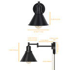 Set of 2 Retro Industrial Wall Lamps with Plug and Switch - Black Metal Sconce Lighting for Bedroom and Living Areas - Simple No-Hardwire Installation