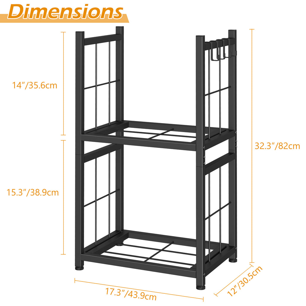 2-Tier Indoor Firewood Rack - Outdoor Log Holder w/ 4 Fireplace Tool Hooks, Black