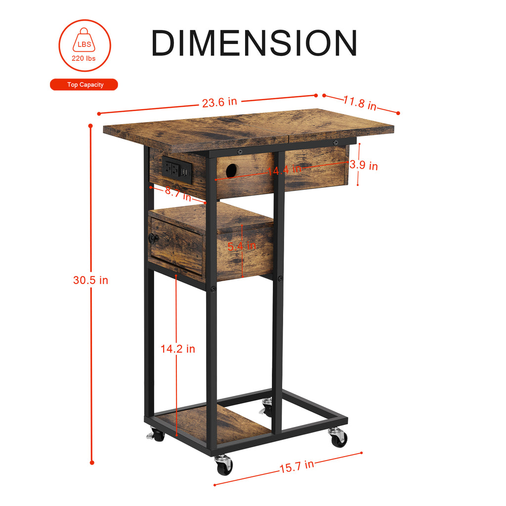C-Shaped End Table with Drawer & Charging Station - Space-Saving Snack Table for Couch & Bed