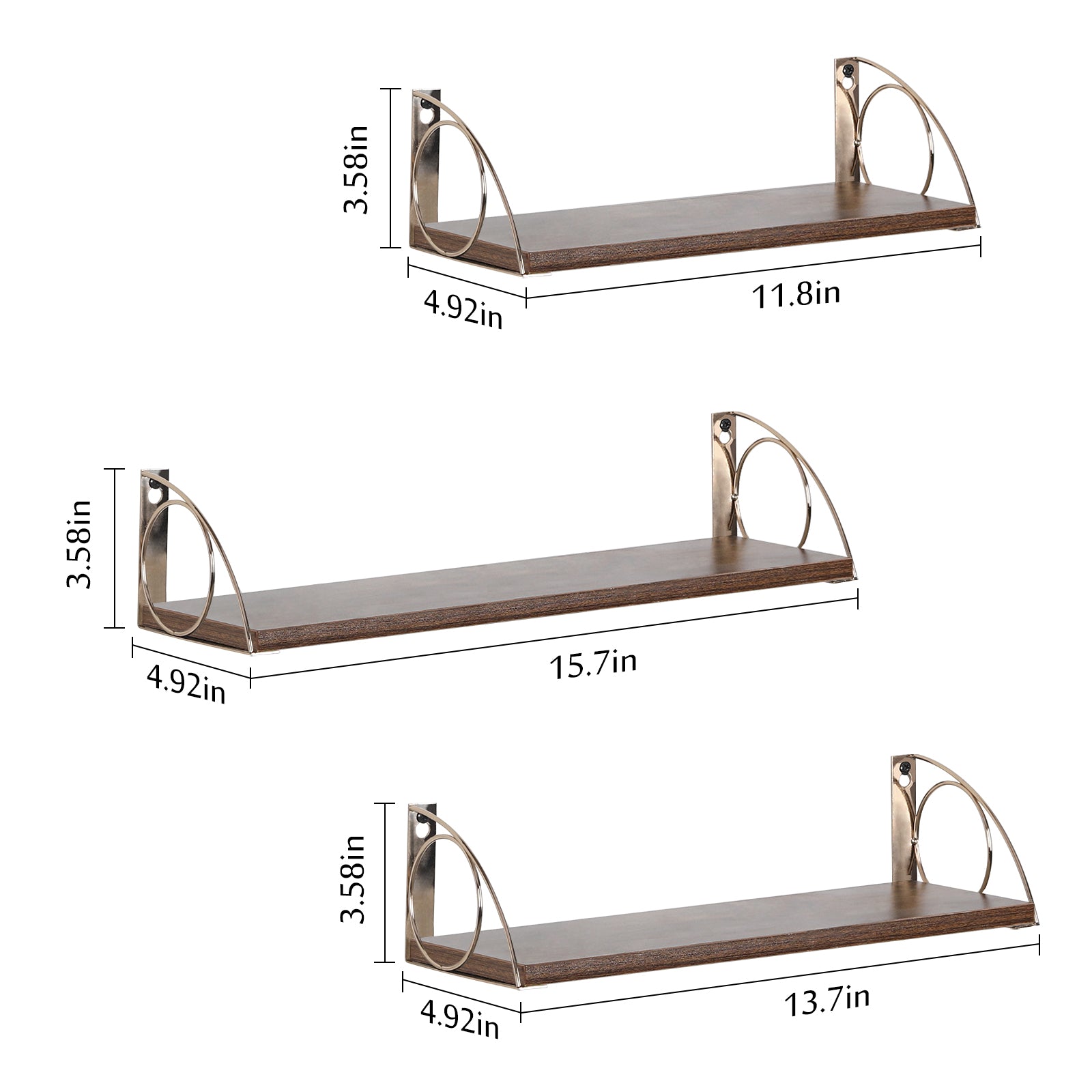 Set of 3 Wood Wall Shelves with Elegant Gold Accents, Versatile Hanging Storage for Kitchen, Bath, or Bedroom, Brown and Gold Finish
