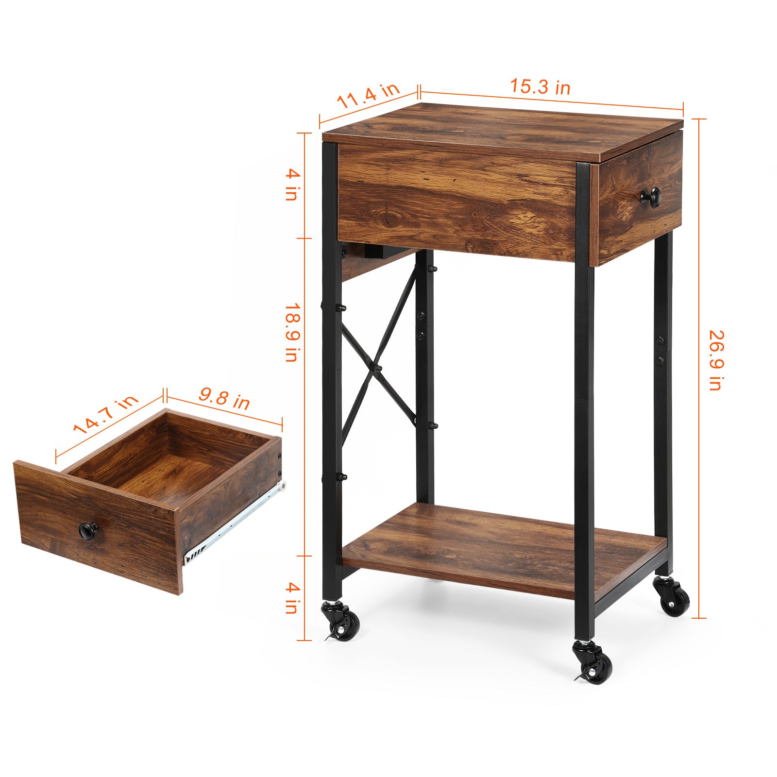 Computer Tower Stand with Charging Station & Storage Drawer, Mobile Printer Stand Table, CPU Holder Cart with 4 Lockable Wheels for Home Office,
