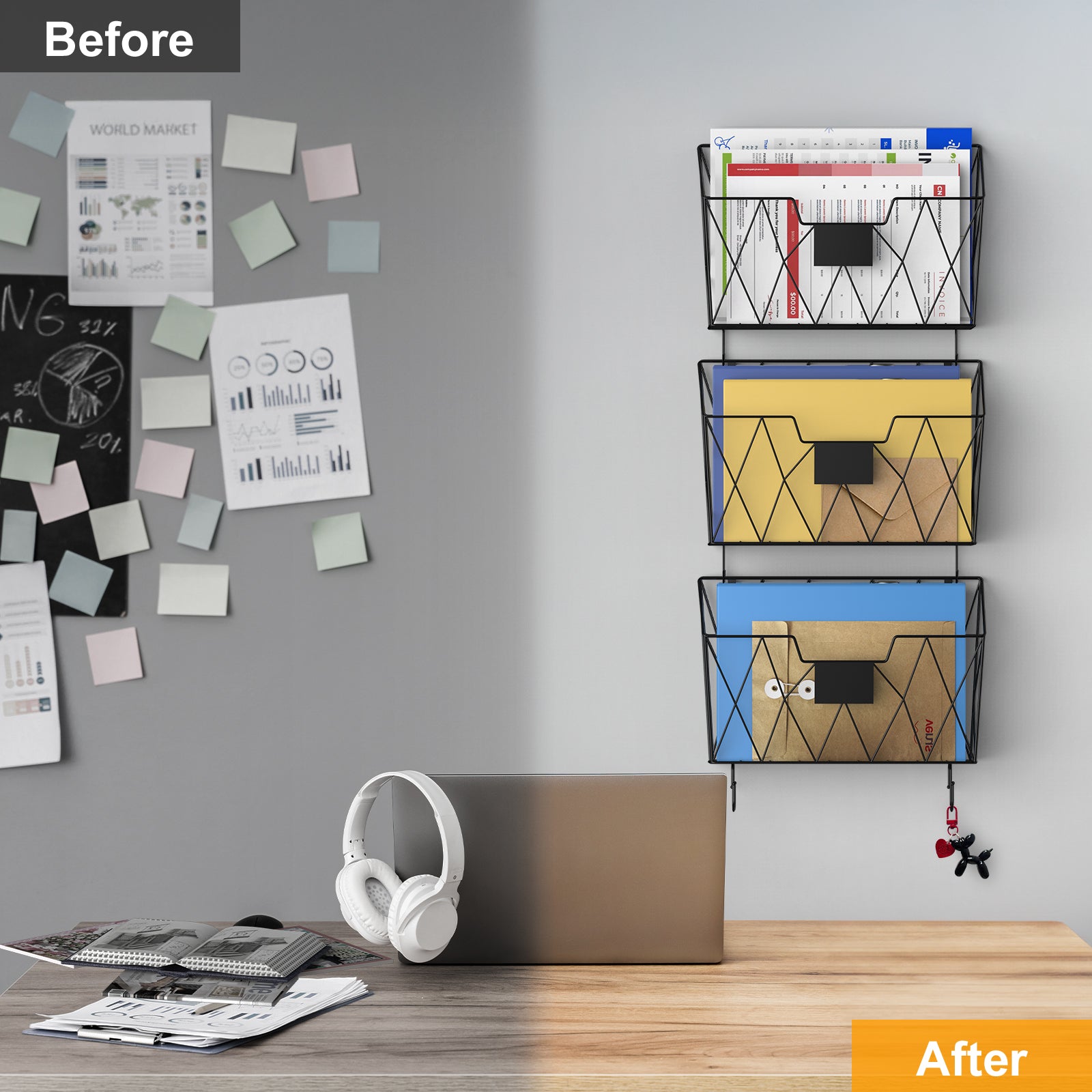 6 Pack Mesh Wall File Organizer - Hanging Wire Magazine Rack & Mail Holder with Hooks
