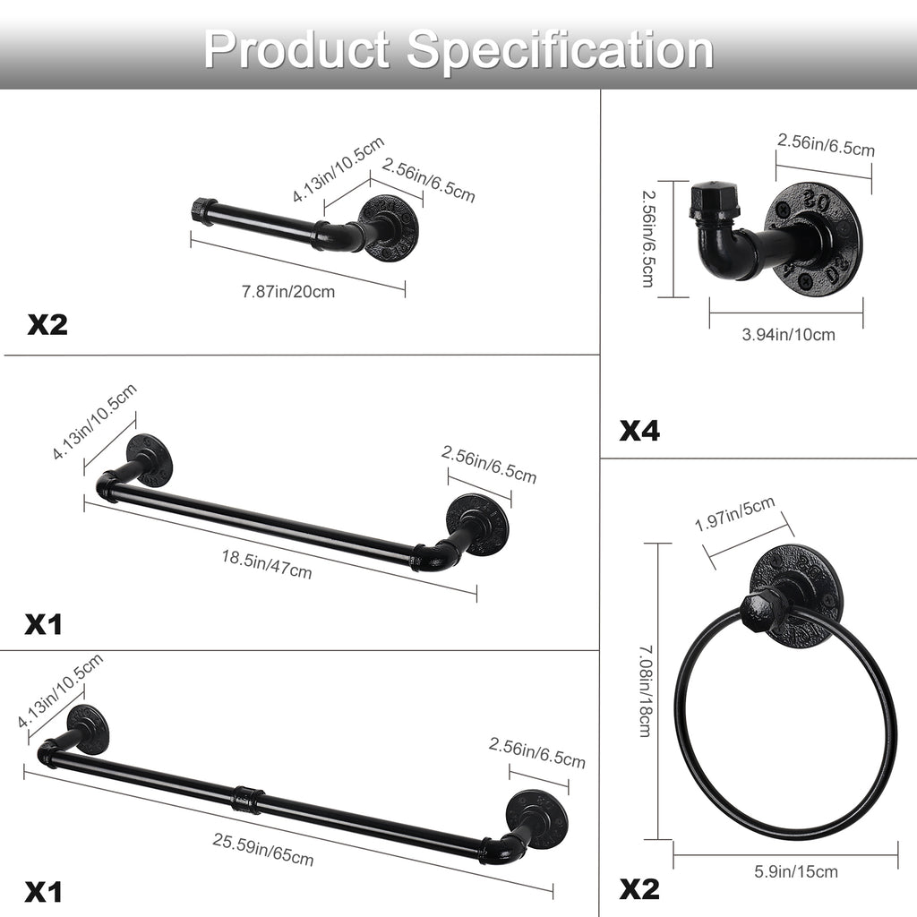 10-Piece Industrial Pipe Bathroom Hardware Set - Matte Black Towel Bar, Towel Ring, and Robe Hooks