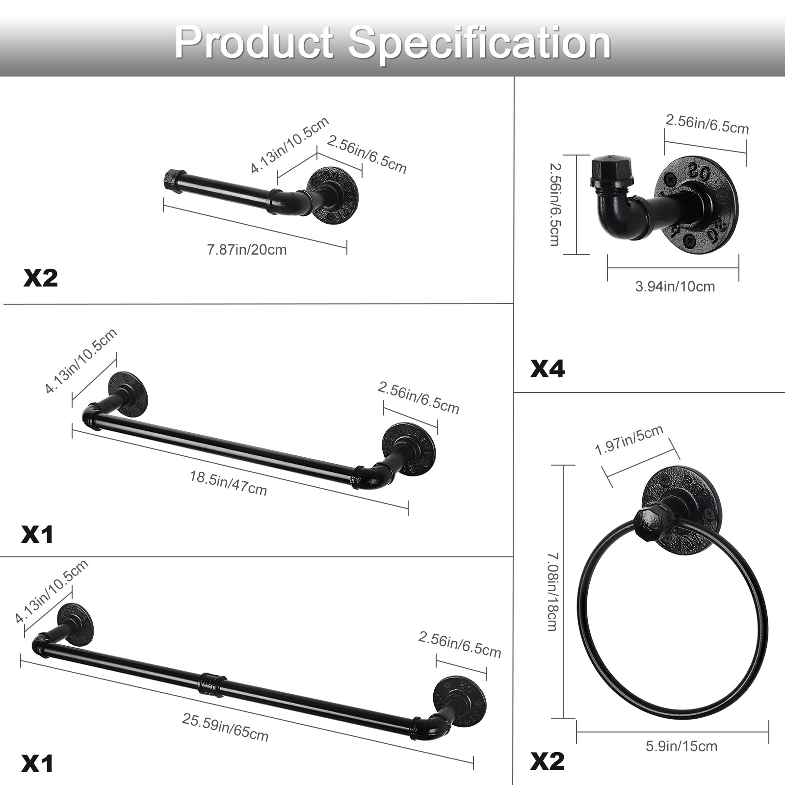 10-Piece Industrial Pipe Bathroom Hardware Set - Matte Black Towel Bar, Towel Ring, and Robe Hooks