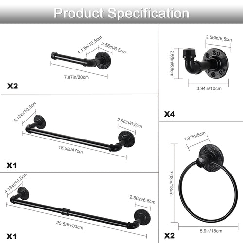 10/7-Piece Industrial Pipe Bathroom Hardware Set - Matte Black Towel Bar, Towel Ring, and Robe Hooks