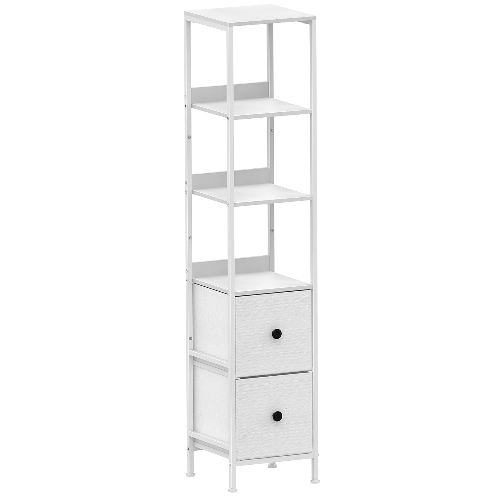 56" Tall Slim Bathroom Storage Cabinet - Narrow Floor Organizer with 2 Drawers & Open Shelves, White,