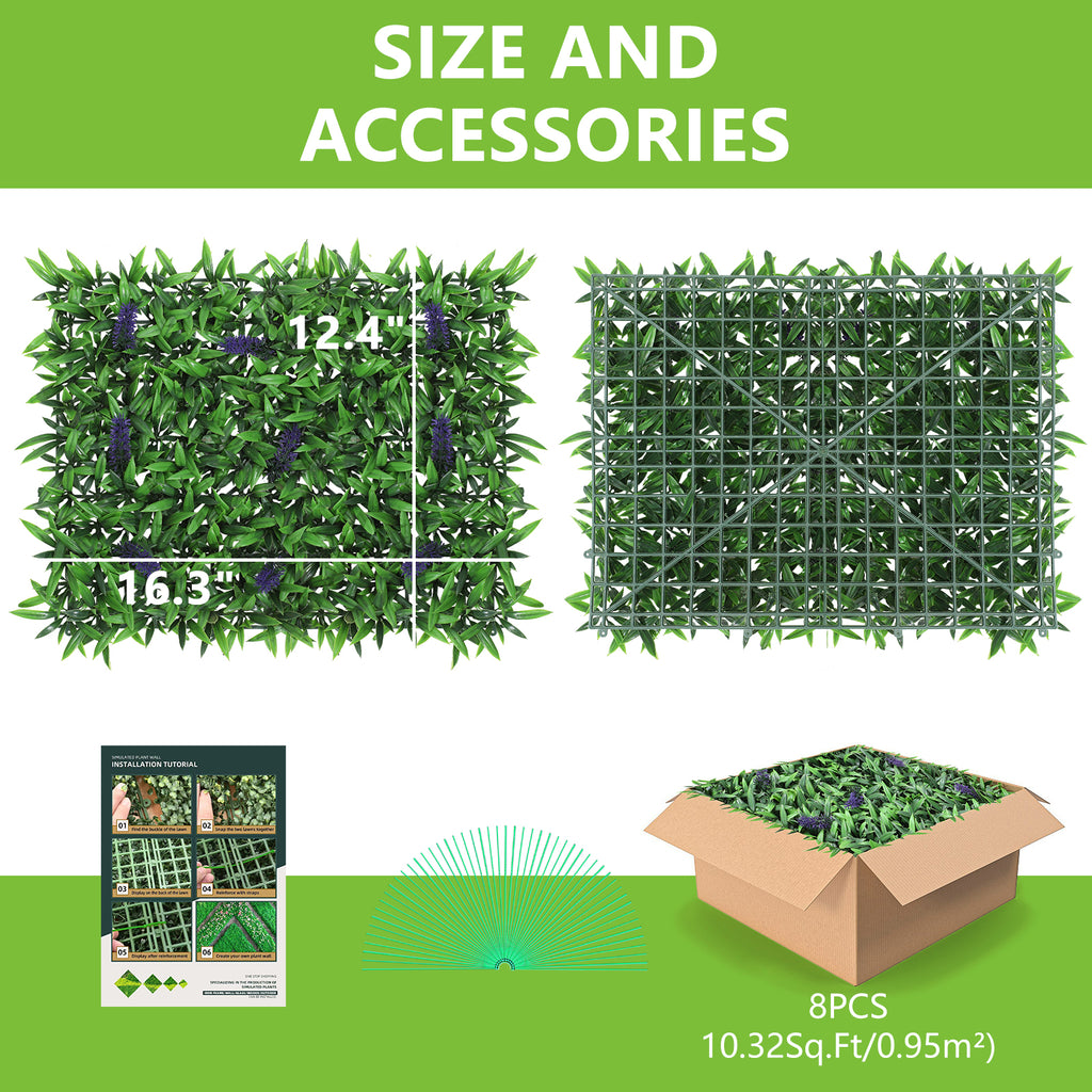 8 Pack Artificial Grass Wall Panels with Lavender - 15inchx11inch UV Stable Boxwood Hedge for Privacy Decor
