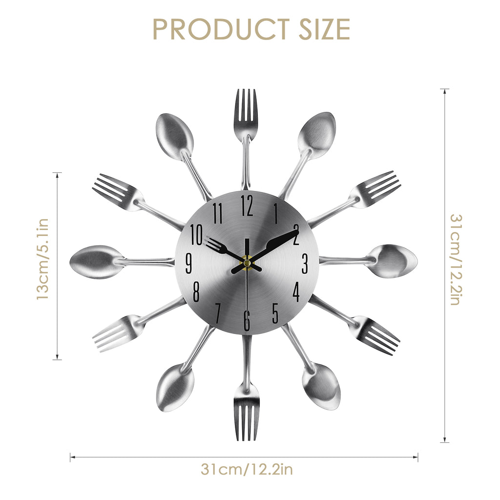 Modern 3D Spoon and Fork Kitchen Wall Clock, Stainless Steel Silver Mirror Finish Cutlery Art for Dining