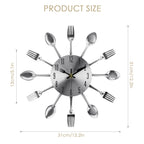 Modern 3D Spoon and Fork Kitchen Wall Clock, Stainless Steel Silver Mirror Finish Cutlery Art for Dining