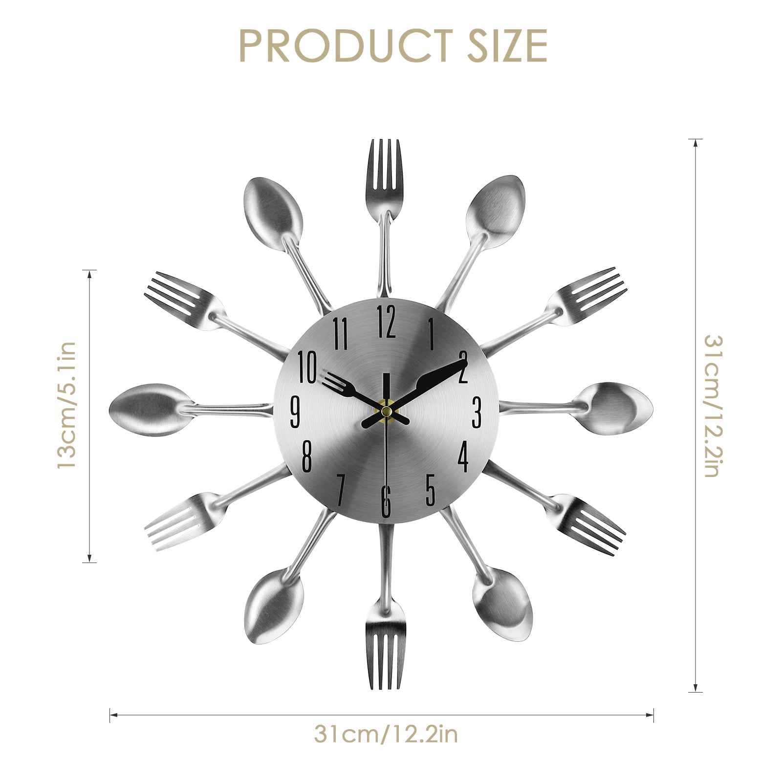 Modern 3D Spoon and Fork Kitchen Wall Clock, Stainless Steel Silver Mirror Finish Cutlery Art for Dining