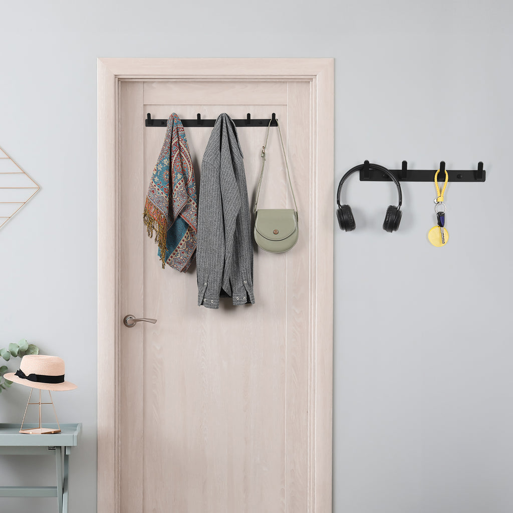 2 Pack Aluminum Coat Hook Rack, 4 Hooks & 6 Hooks Mixed Set Matte Black Wall Mount Entryway Coat Rail, Heavy Duty Wall Hook Strip for Hat, Bag, Towel, Umbrella, Key for Bedroom Bathroom Mudroom