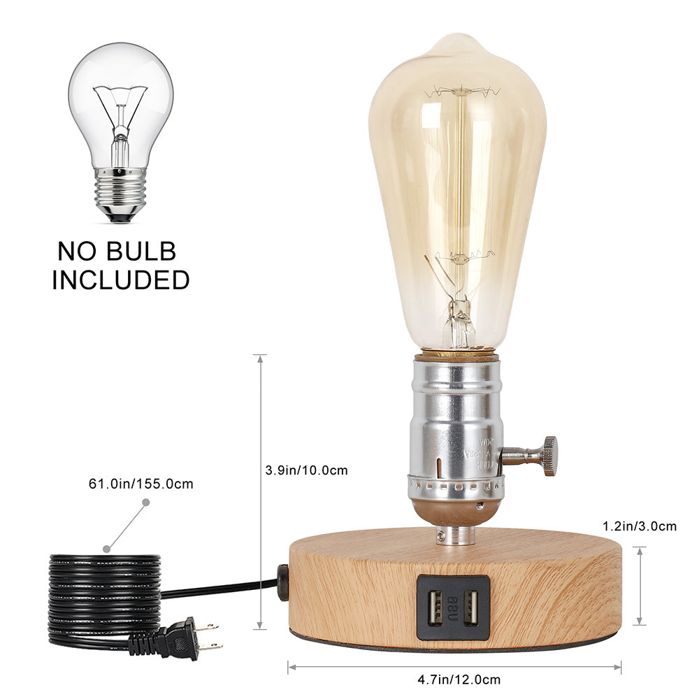Vintage Table Lamps Edison Table Lamp Base with 2 USB Port Industrial Table Lamp USB Small Nightstand Lamp Holder for Table, Bedside, Bedroom E26