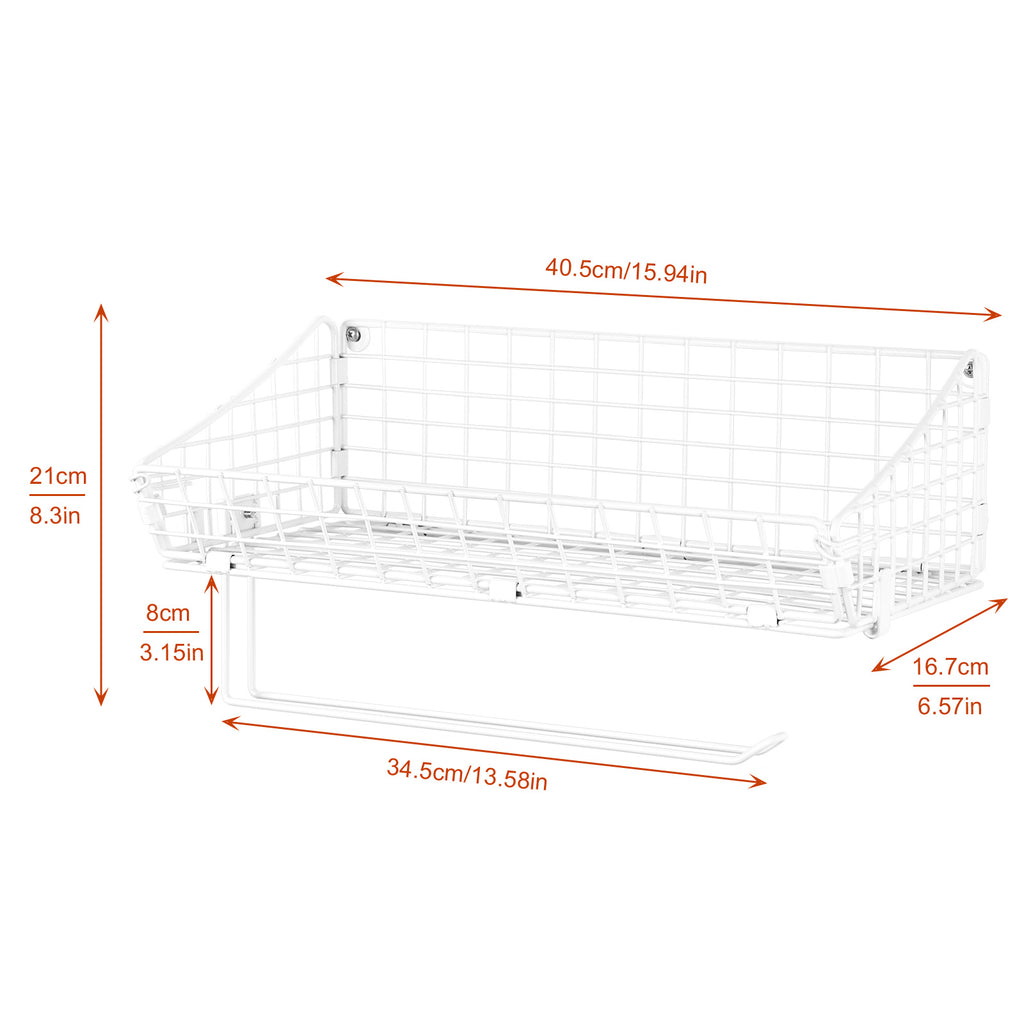 2-Pack White Wall-Mount Wire Mesh Shelves with Integrated Paper Towel Dispenser, Multi-Purpose Hanging Storage Organizers for Pantry and Bathroom
