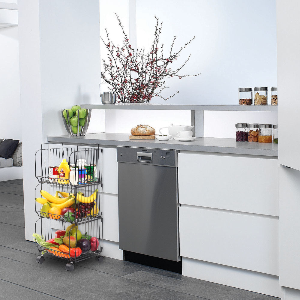 3-Tier Rolling Pantry Floor Organizer Storage Basket, Stackable 3 Tier Metal Wire Basket with Wheels, Kitchen Storage Bin Organizer, Utility Cart Rack for Pantry Coutertop Bedroom Bathroom