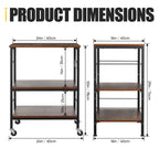 3-Tier Rolling Microwave Stand - Rustic Industrial Baker's Rack with 10 Hooks for Kitchen Storage