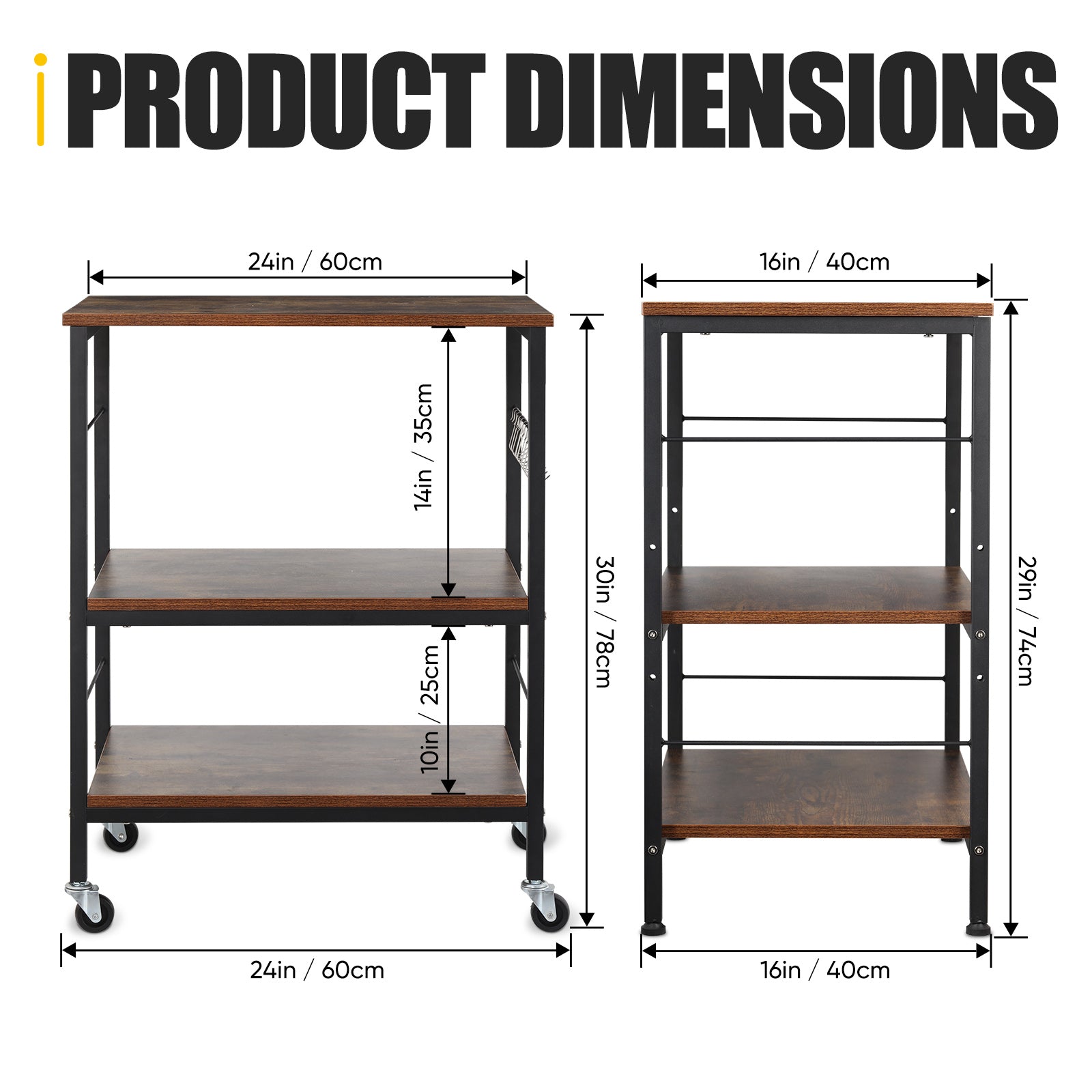 3-Tier Rolling Microwave Stand - Rustic Industrial Baker's Rack with 10 Hooks for Kitchen Storage