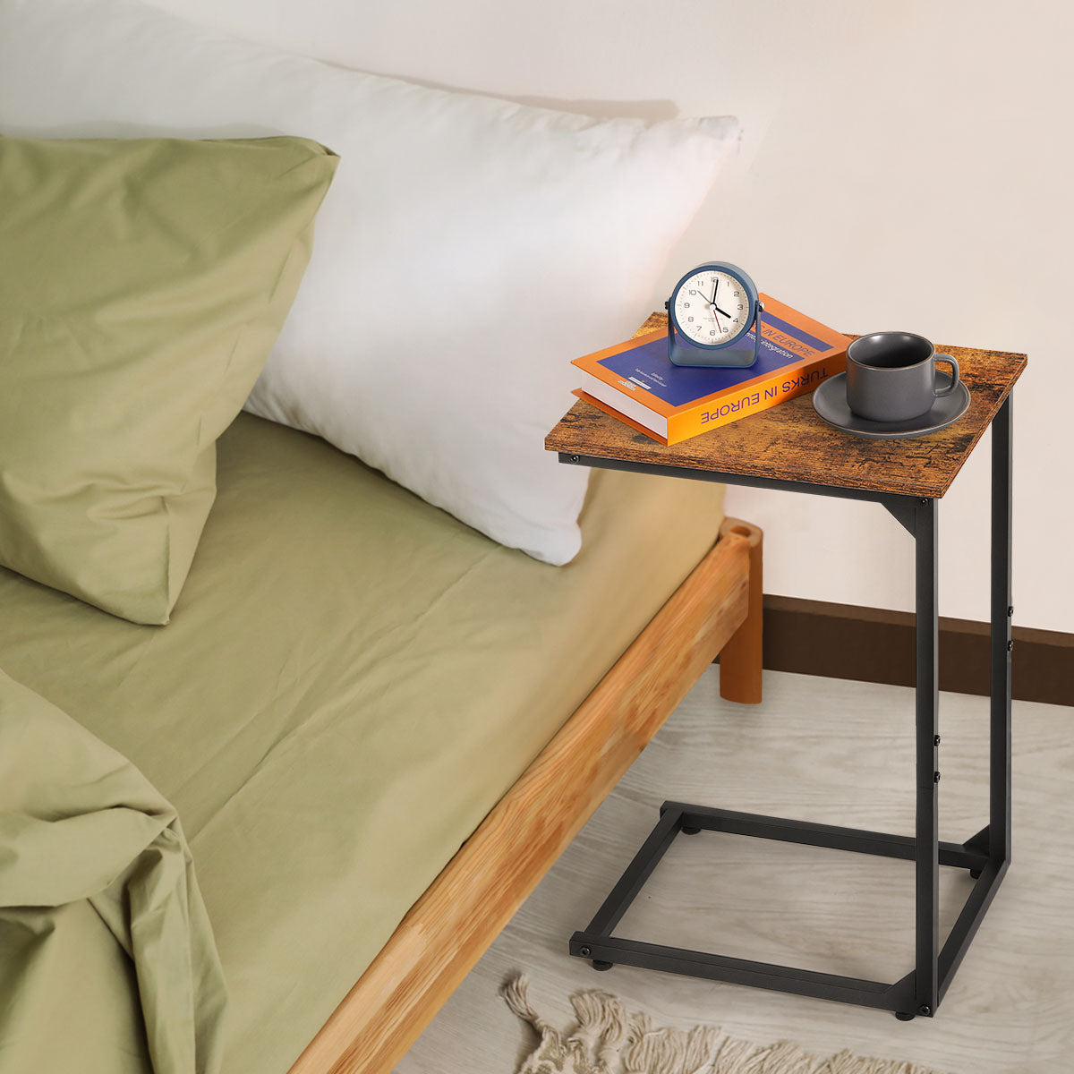 Set of 2 C Shaped Side Tables - Portable Laptop/Snack End Tables for Couch and Bed (Rustic Brown)
