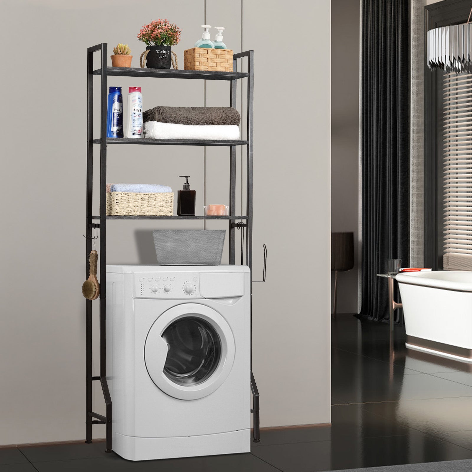 3-Tier Over the Toilet Storage Rack - Space-Saving Bathroom Organizer with Toilet Paper Holder & Hooks,