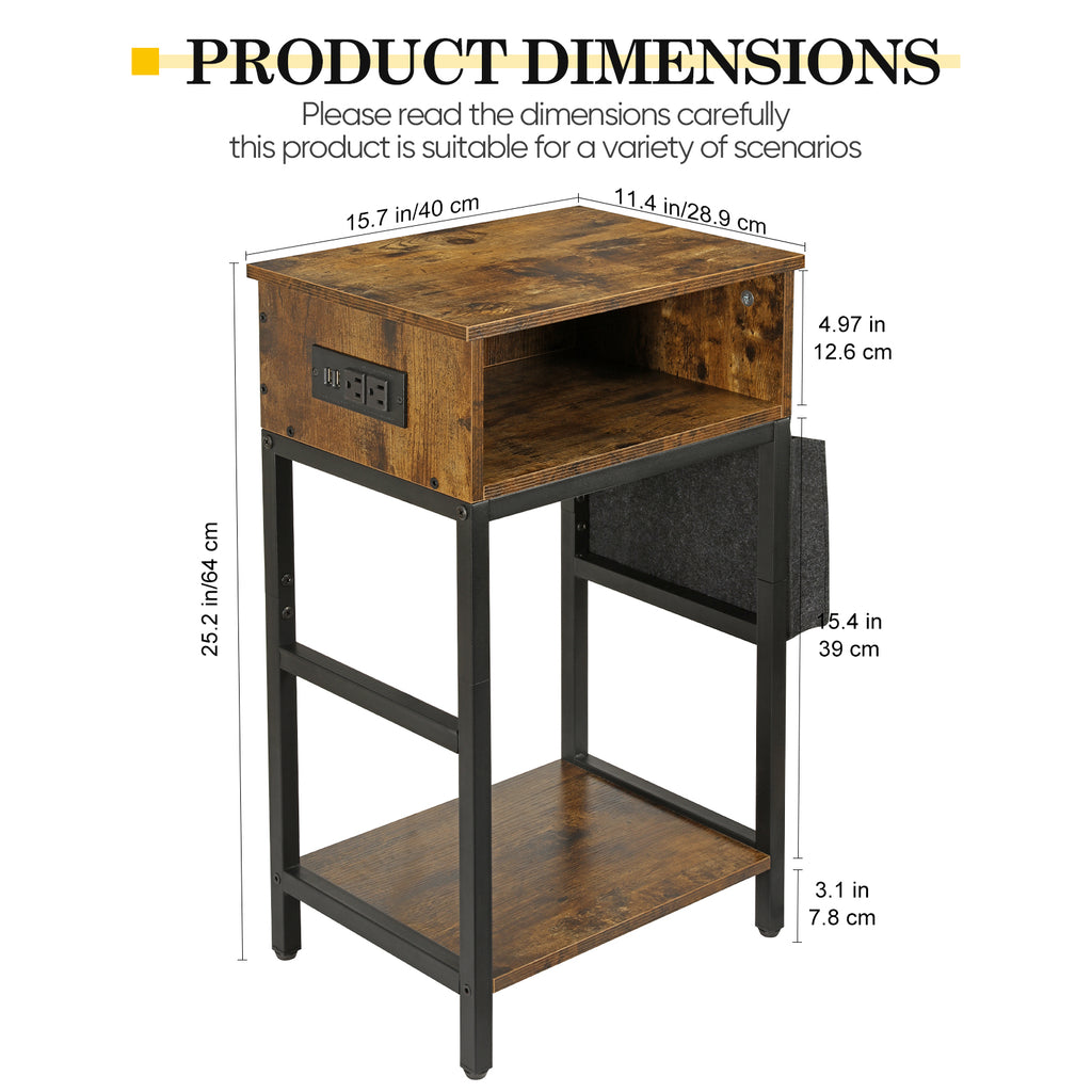 End Table with Charging Station & Fabric Storage Bag - Narrow Nightstand for Living Room and Bedroom