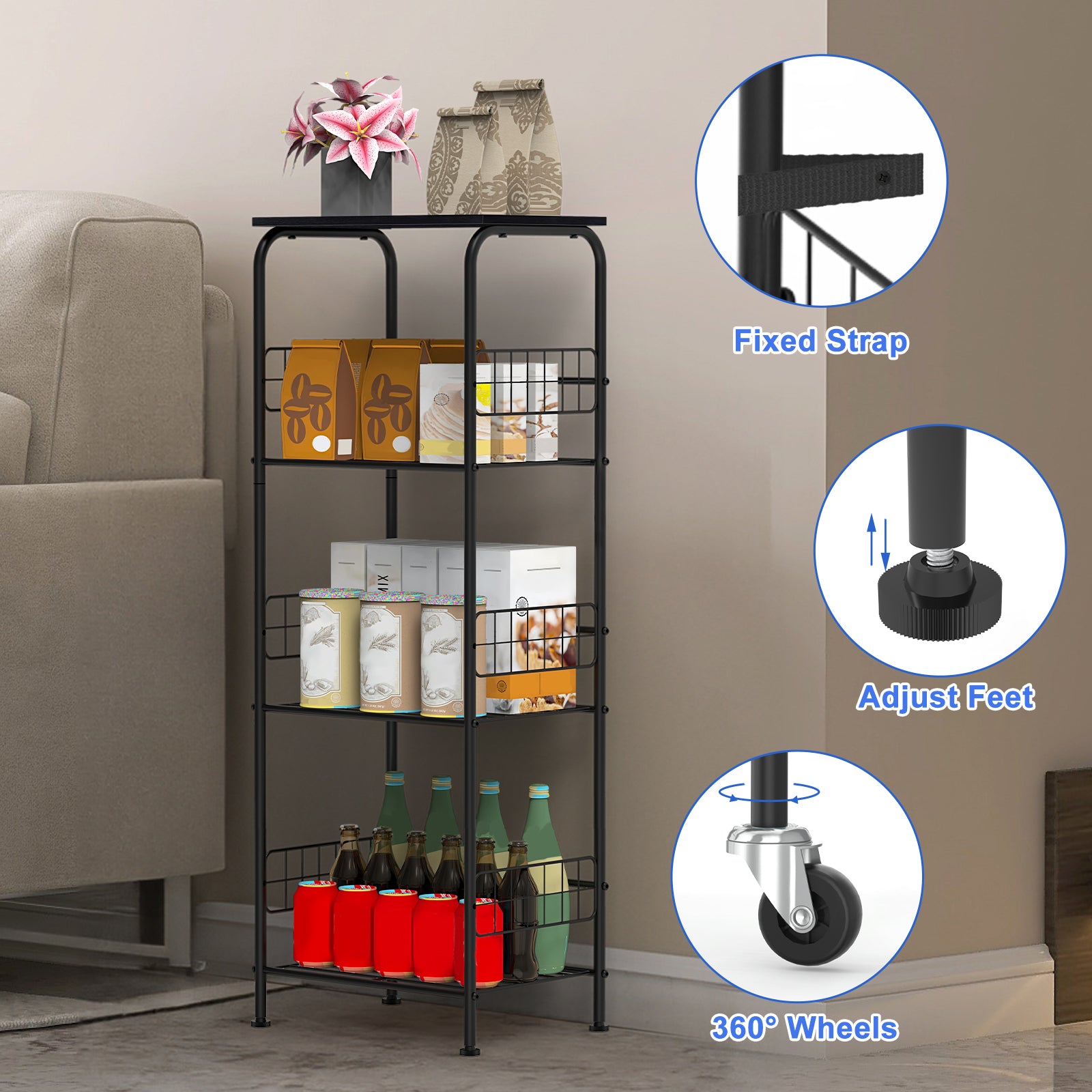 4-Tier Rolling Kitchen Cart, Black Metal Utility Storage Cart with Wheels for Kitchen, Pantry, Bathroom