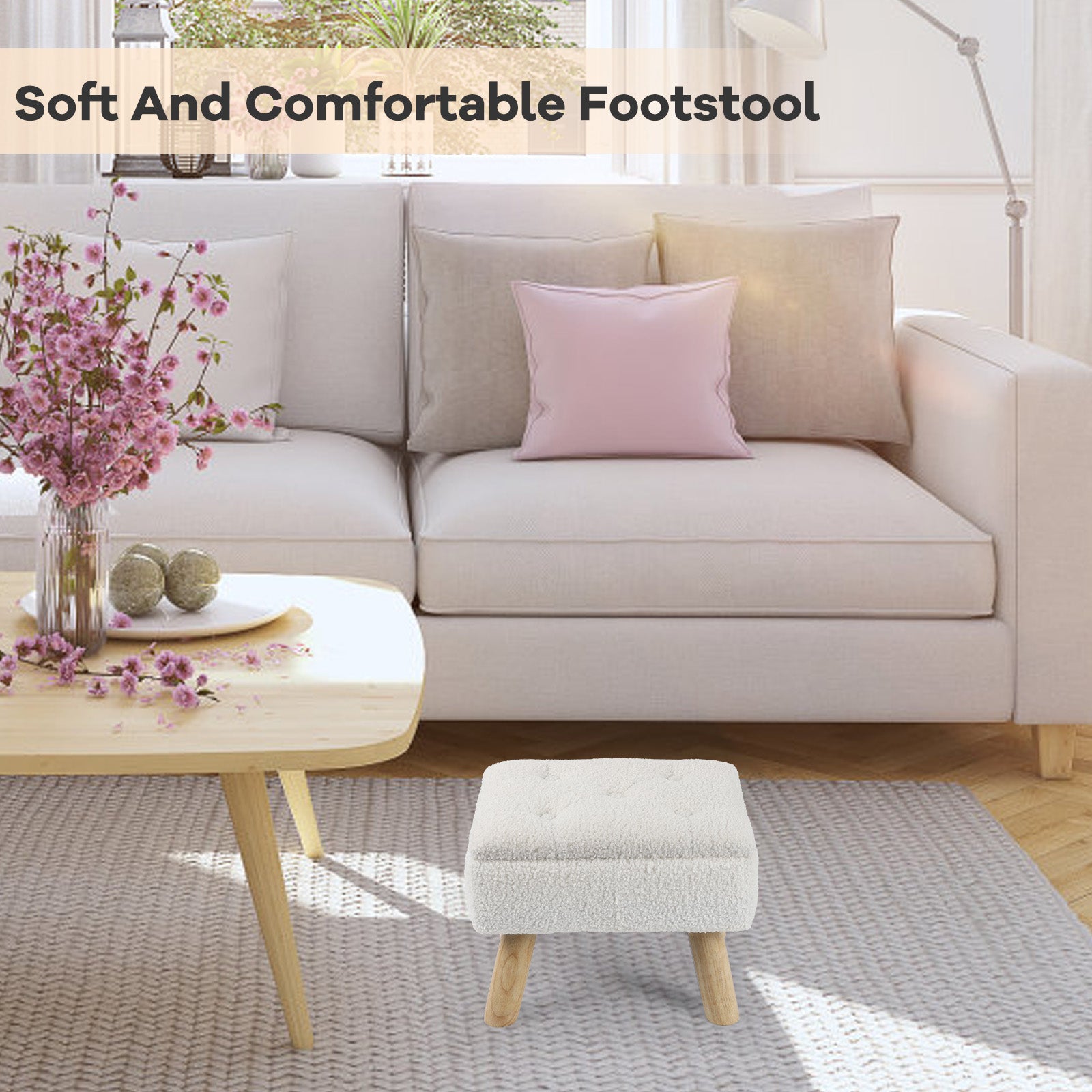 Cozy BouclÃ© Storage Ottoman | Chic Teddy Velvet Footstool with Natural Wood Legs