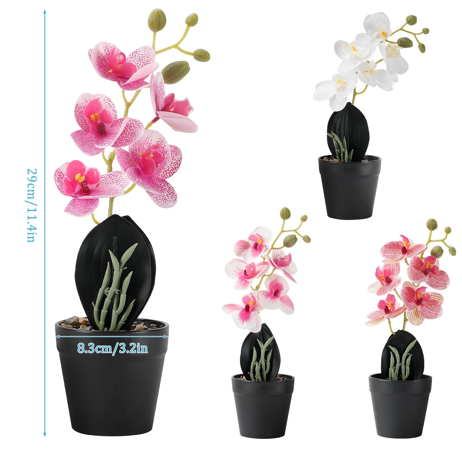 4-Pack Mini Artificial Orchid Potted Flowers, Phalaenopsis Faux Silk Floral Decor for Office Desk & Wedding Table