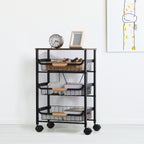 Kitchen Island Serving Cart with Utility Wood Tabletop, 4-Tier Rolling Storage Cart with 3 Basket Drawers, Kitchen Cart with Wheels for Home, Dining Room, Bar, Restaurant, Hotel