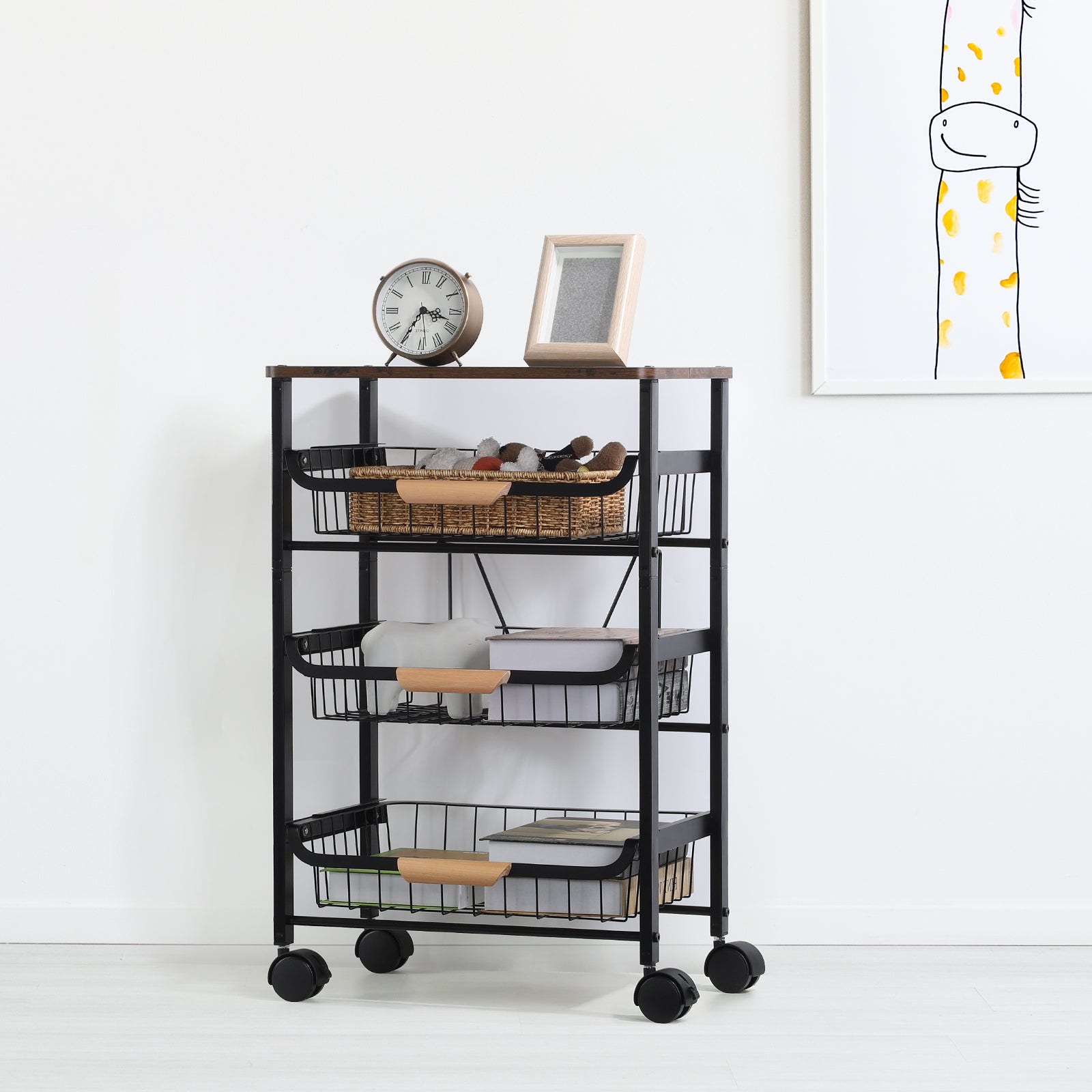 Kitchen Island Serving Cart with Utility Wood Tabletop, 4-Tier Rolling Storage Cart with 3 Basket Drawers, Kitchen Cart with Wheels for Home, Dining Room, Bar, Restaurant, Hotel