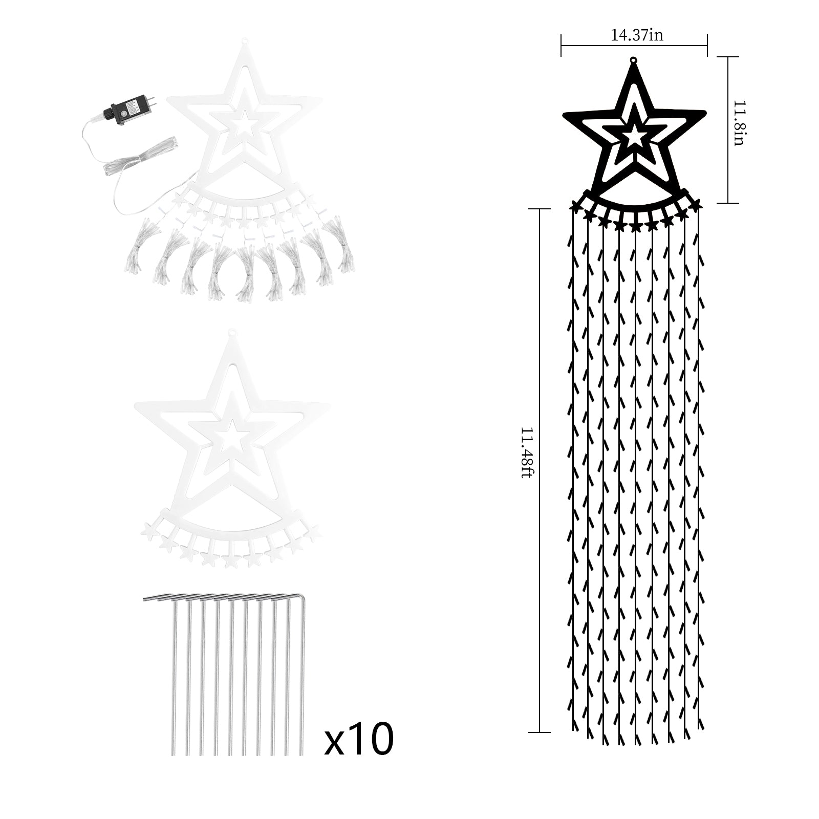 12FT Christmas Waterfall Lights with 14inch Star Topper - 350 LED Outdoor Star String Lights for Yard