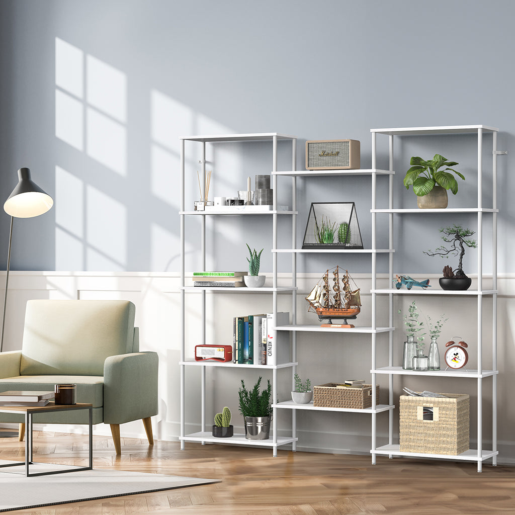Modern 5-Tier Bookshelf and Display Rack, Tall Minimalist Storage Organizer for Living Room and Office, White Metal Frame,