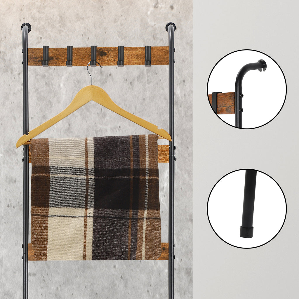 5-Tier Rustic Blanket Ladder - Wall-Leaning Towel Rack & Decorative Display Shelf w/ 10 Hooks, Brown
