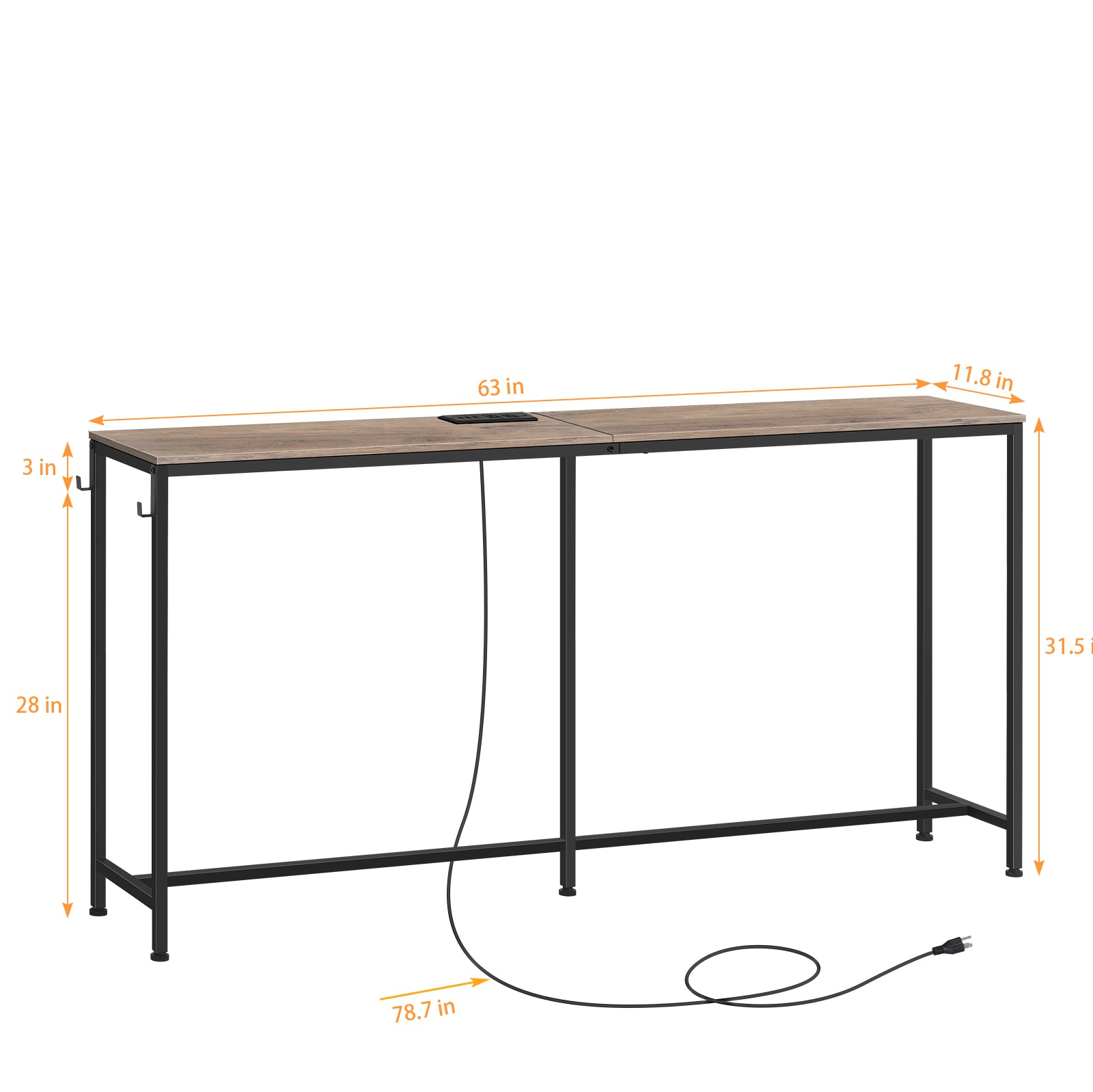 Modern Console Table with Charging Station, Outlet & Hooks - Narrow Long Entryway Table for Living Room, Foyer, Corridor (Skinny Couch Table Behind Sofa)
