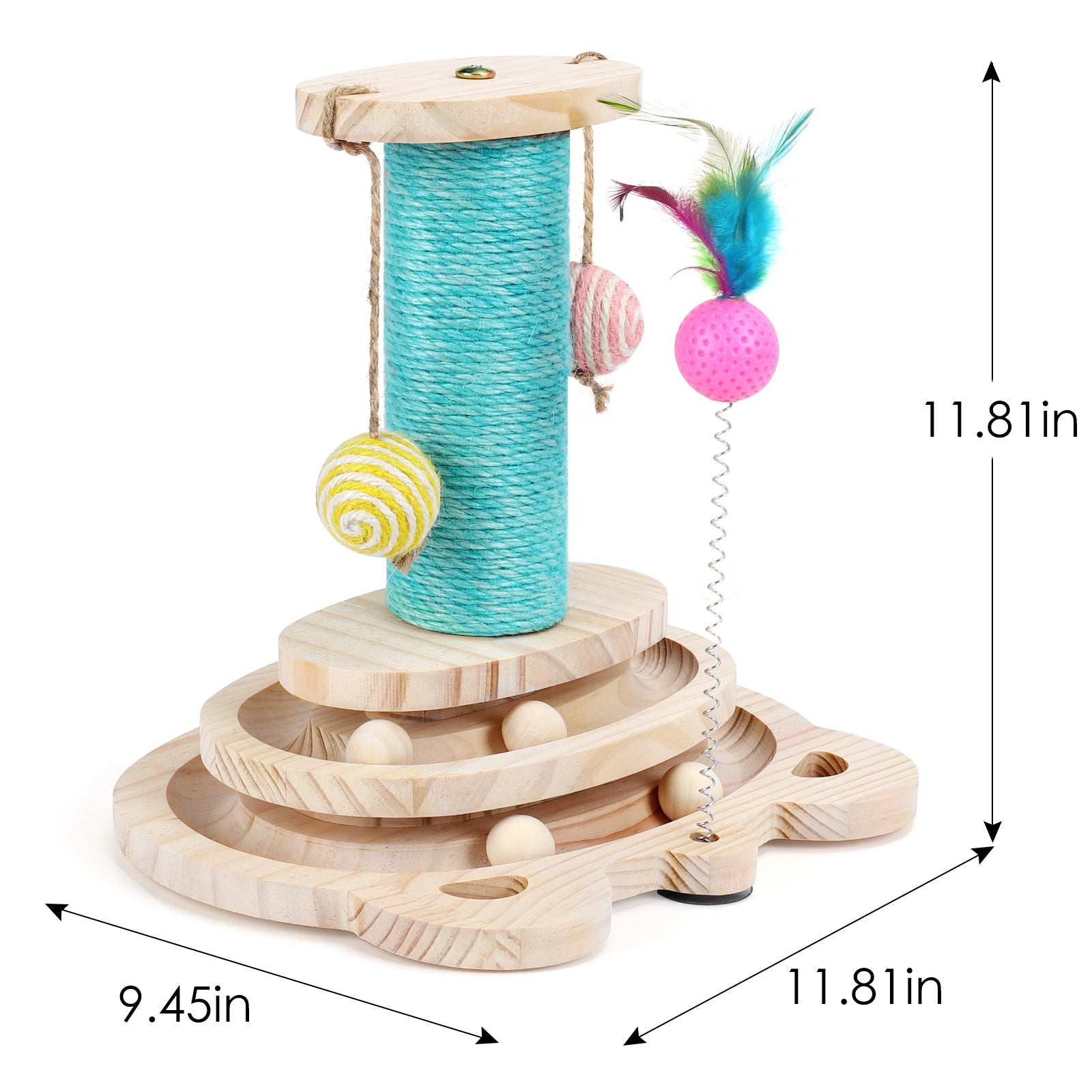 Wooden Cat Scratching Post with 2-Tier Ball Track - Interactive Kitten Turntable Toy