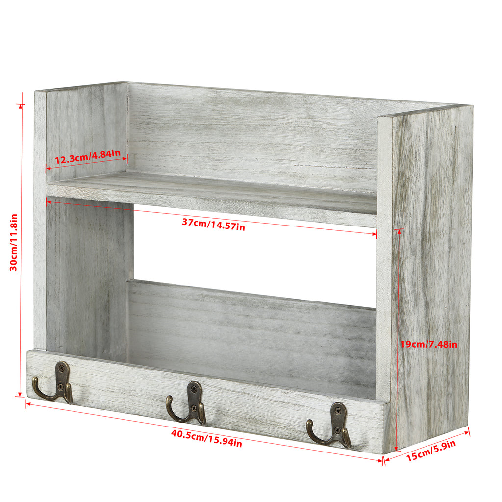 2 - Tier Wall - Mounted Pallet Shelves with 3 Dual Hooks - Key Holder, Mail Organizer & Coat Rack Rustic Grey - Green Finish, Ideal for Farmhouse Bedroom, Office or Entryway