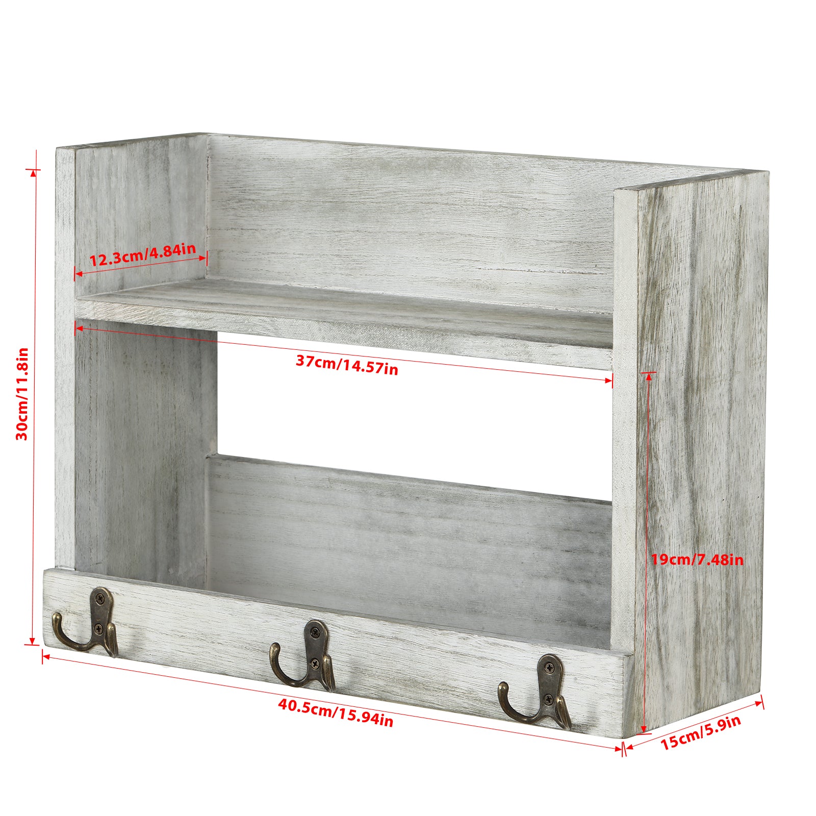 2 - Tier Wall - Mounted Pallet Shelves with 3 Dual Hooks - Key Holder, Mail Organizer & Coat Rack Rustic Grey - Green Finish, Ideal for Farmhouse Bedroom, Office or Entryway
