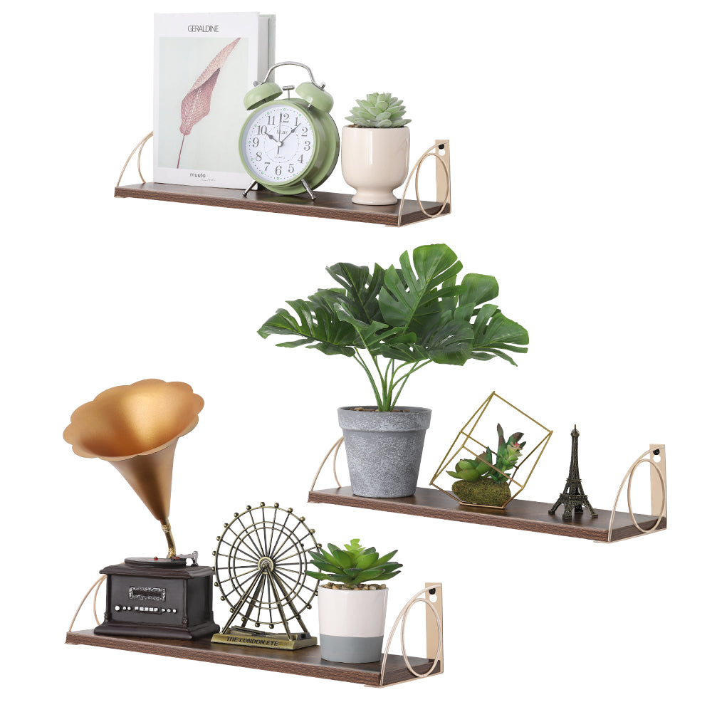 Modern Arched Floating Shelves Set of 3 - Gold Metal & Dark Wood Wall Shelves for Sophisticated Decor