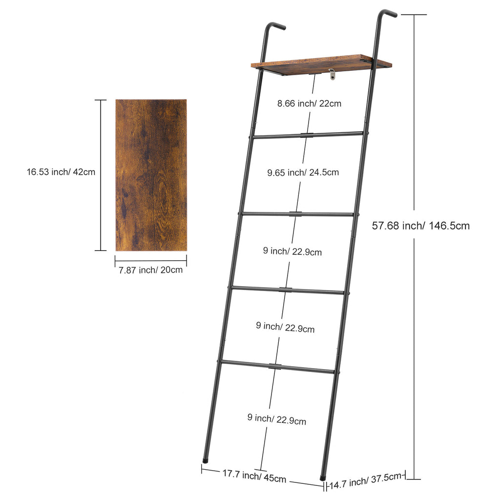 5 Tier Leaning Blanket Ladder with Top Rustic Wood Shelf, Black Metal Farmhouse Towel Rack Freestanding Quilt Blanket Holder, Multi Purpose Storage Organizer for Bathroom Bedroom Living Room Pool