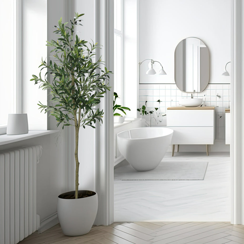 6FT Artificial Olive Tree - Lifelike Faux Potted Silk Tree with Realistic Trunk - Modern Home & Office Indoor Decoration
