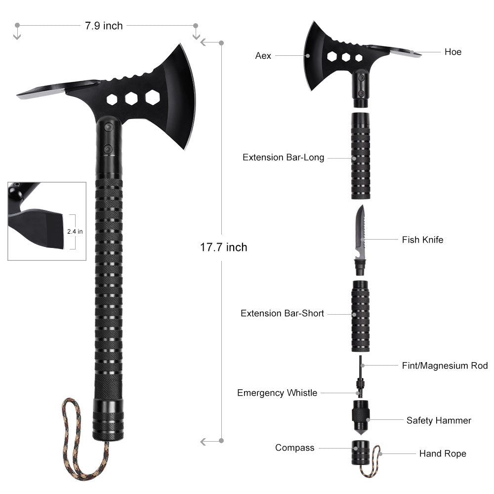 Professional Camping Axe with Multi-Tool Handle, Tactical Black Hatchet for Survival, Wood Chopping, and Outdoor Adventure,
